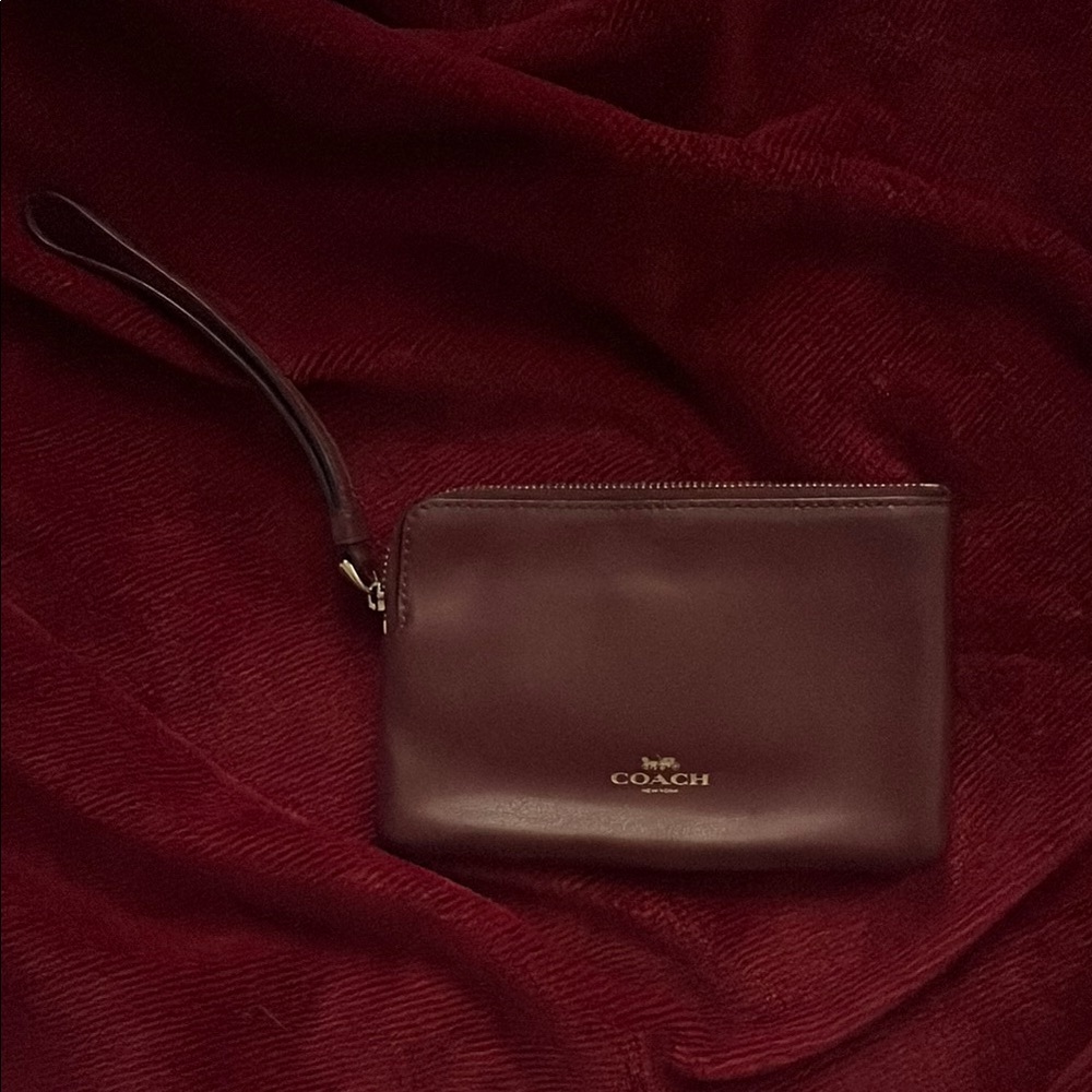 Coach Varsity Logo Dark Red/Burgundy Leather Wristlet